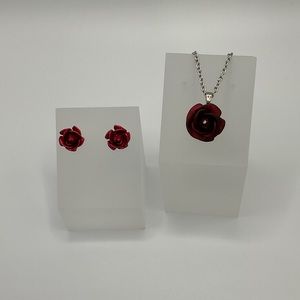 VTG Citation | Metal Red Rose Necklace and Earring Set with Velvet Box
